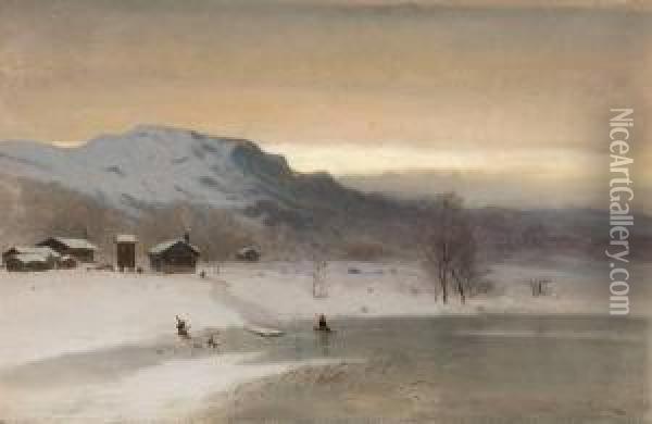 Vinterlandskap Med Gutt Pa Kjelke Oil Painting - Peder Cappelen Thurmann