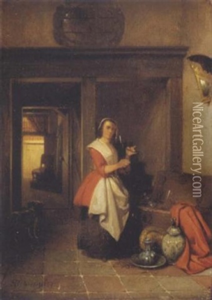 Jeune Femme Tenant Un Verre Dans Un Interieur Oil Painting - Hendricus Johannes Scheeres