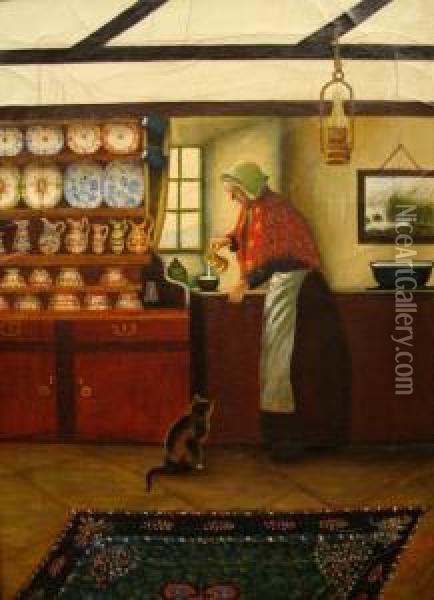 Interior Scene With A Lady In Cottage With Cat And Dresser Withdecorative Pottery Oil Painting - Frederick William Jackson