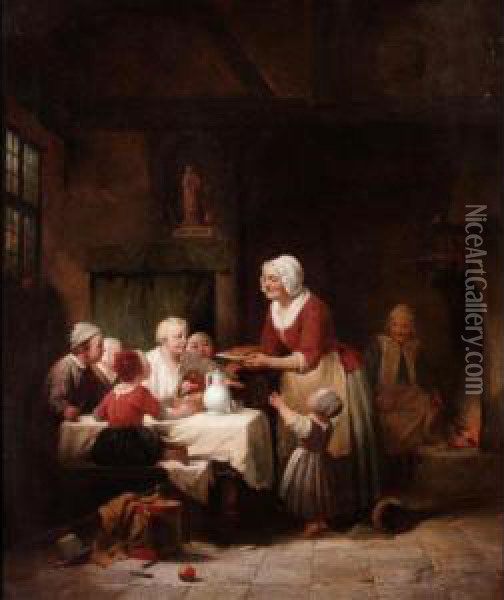 An Interior With An Elderly Lady Cooking For Some Children Oil Painting - Adrien Ferdinand de Braekeleer
