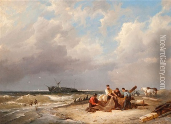 Strandjutters Met Een Scheepswrak Op De Achtergrond Oil Painting - Pieter Cornelis Dommershuijzen