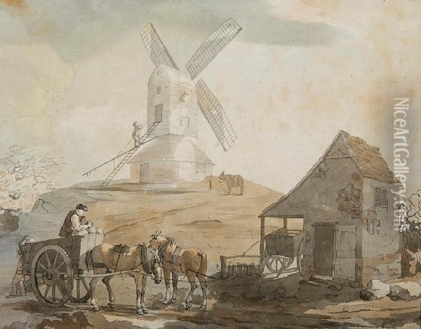 Windmill And Figures At Stoke Oil Painting - George Frost