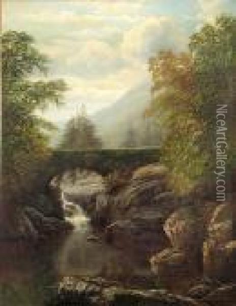 A River Landscape With A Bridge Above A Waterfall Oil Painting - William Mellor