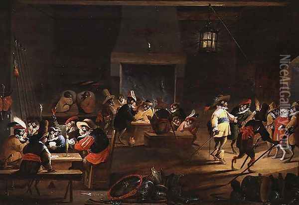 Monkeys in a Tavern Oil Painting - Ferdinand van Kessel