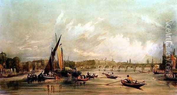 Waterloo Bridge from the West with a Boat Race Oil Painting - William Parrott