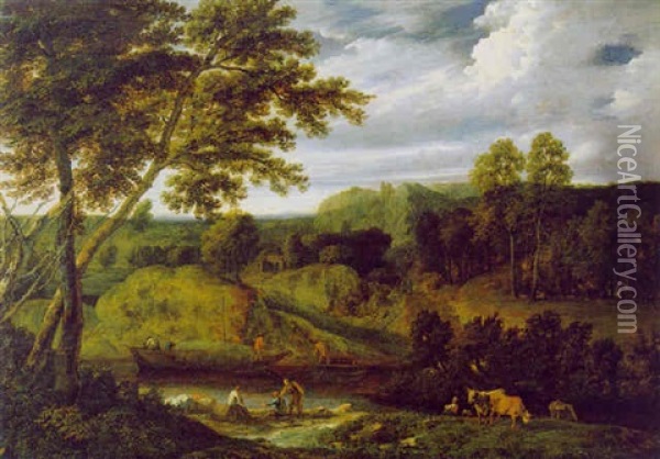 Bewaldete Gebirgige Fluslandschaft Mit Figuren Oil Painting - Cornelis Huysmans