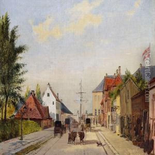 View Of The Street Leading To Toldboden (customs House) Incopenhagen Oil Painting - Christian Olavius Zeuthen