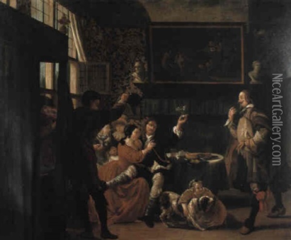 Elegant Company Merrymaking In A Bourgeois Interior Oil Painting - Jan Josef Horemans the Younger