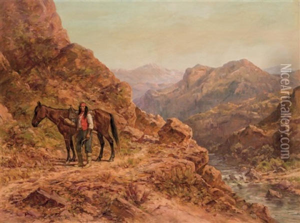 Native American With Red Bandana And Horse Oil Painting - Henry Raschen