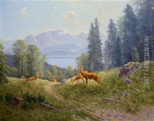 Rotwild Auf Einer Lichtung Mit Blick Auf Den Walchensee, Salzburg Oil Painting - Ludwig Skell