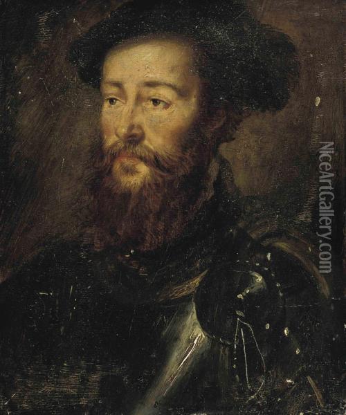 Portrait Of A Bearded Man, Bust-length, In A Breast-plate, With Afeathered Cap Oil Painting - Corneille De Lyon