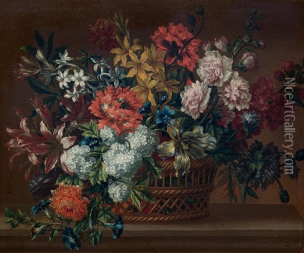 Still-life With Flowers In A Basket On A Stone Plinth Oil Painting - Jean-Baptiste Monnoyer
