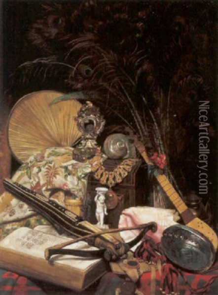 Stilleben Mit Pfauenfedern, Armbrust, Foliant, Figurine Oil Painting - Maximilian Lenz