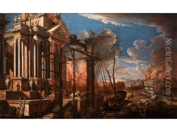 Monumentale Landschaft Mit Antikem Tempelgebaude, Flusslauf Und Brennenden Stadten Oil Painting - Johann Anton Eismann