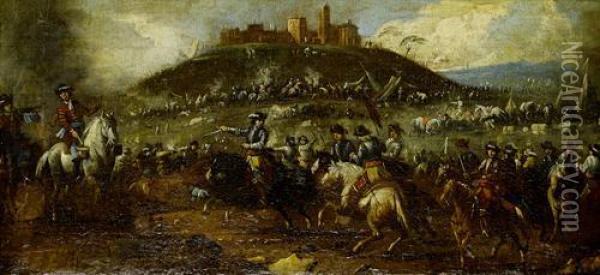 A Cavalry Skirmish, With A Fortified City In The Distance Oil Painting - Ciccio Graziani