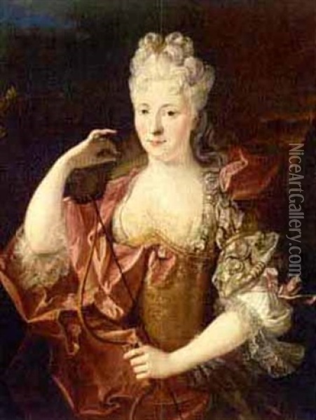 A Portrait Of A Lady As Diana Wearing A Pink Silk Dress Oil Painting - Nicolas de Largilliere