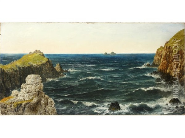 Low Water And Bad Weather, Kingsale Rock, Plymouth, Cornwall; Uncertain Weather At Pol Pre, Land's End. The Brisons In The Distance (2 Works) Oil Painting - Henry Edward Spernon Tozer