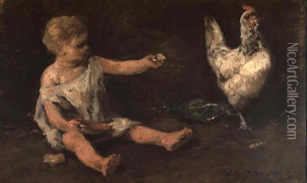 Enfant A La Poule Oil Painting - Charles Emile Jacque