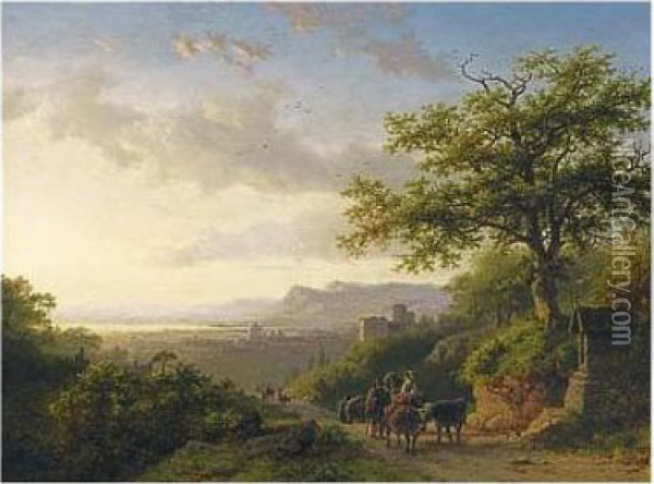 An Extensive Rhineview With Travellers On A Path Oil Painting - Barend Cornelis Koekkoek