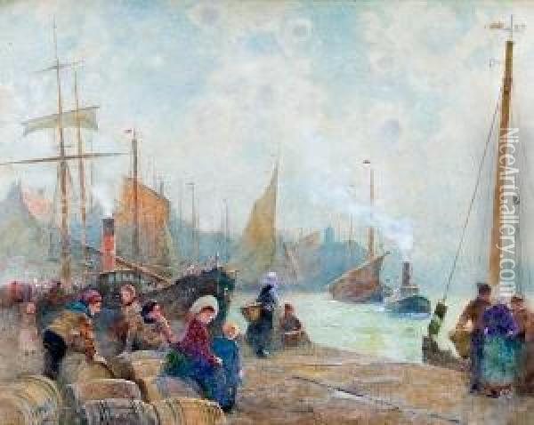 Fisherfolk On The Quayside Oil Painting - Hector Caffieri