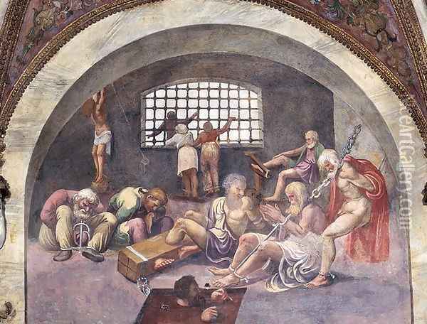 Scene showing that those born under the sign of Sagittarius in conjunction with the setting constellation of Arcturus will be led to commit grave crimes, symbolised by shackled prisoners, from the Camera dei Venti, 1528 Oil Painting - Giulio Romano (Orbetto)