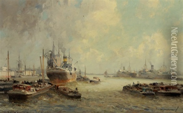 Hustle And Bustle In The Rotterdam Harbour Oil Painting - Gerard Delfgaauw