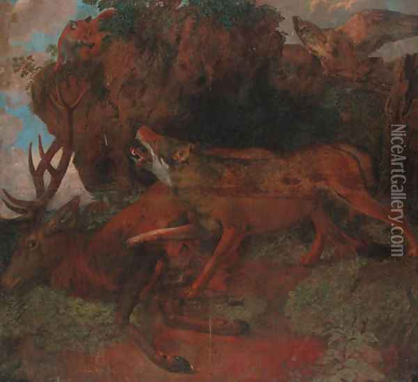 A wolf guarding a stag from a fox with an eagle on an outcrop Oil Painting - Carl Borromaus Andreas Ruthart