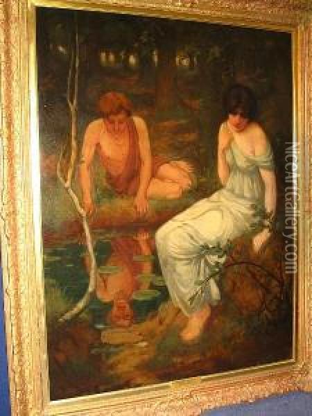 Narcissus And Echo Near A Pool In A Wooded Landscape Oil Painting - School Pre-Raphaelite