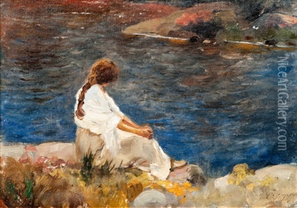A Quiet Moment By The River Oil Painting - Mariya Alekseeva Fedorova