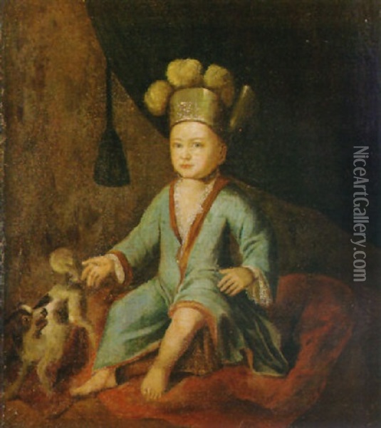 Portrait Of A Young Boy In A Blue Coat And A Plumed Hat, With A Dog Oil Painting - Jacob Huysmans