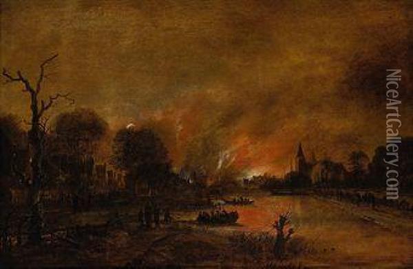A Moonlit River Landscape With Figures Quenching A Fire In A Townbeyond Oil Painting - Aert van der Neer