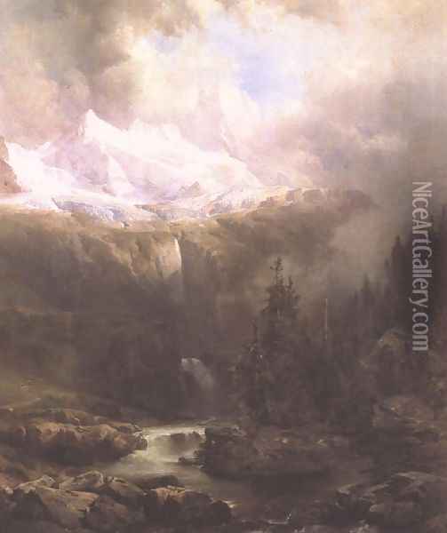 Landscape in the Tatra Mountains with Waterfall c. 1860 Oil Painting - Gusztav Keleti