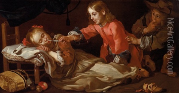 Schlafendes Madchen Mit Zwei Spielenden Kindern; Zankende Kinder (allegorie Des Tastsinns) Oil Painting - Bernhard Keil
