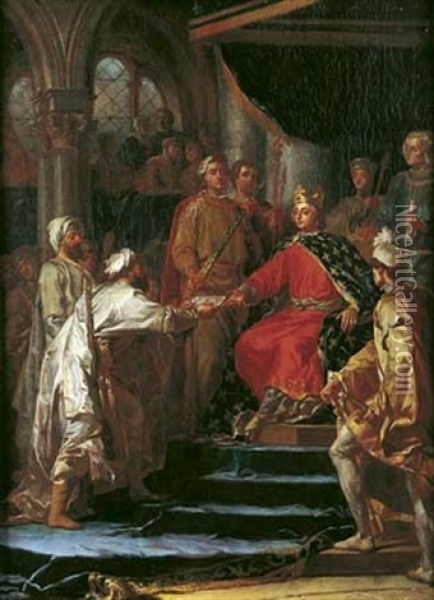 Saint Louis Recevant L'ambassadeur Du Roi De Tartarie (sic) Oil Painting - Nicolas Guy Brenet