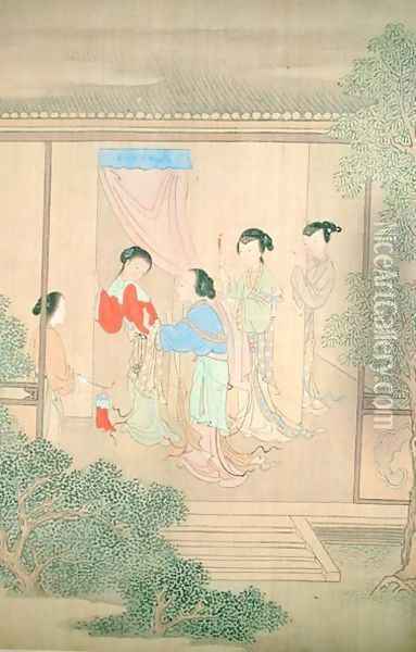 Five Figures on Porch Oil Painting - Fu Chuiu Ying Shih
