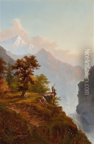 Two Works
A) Mountain Landscape With Figures On A Cliff's Edge
B) Mountain Landscape With Figures By A Cottage Oil Painting - Alexander Francois Loemans