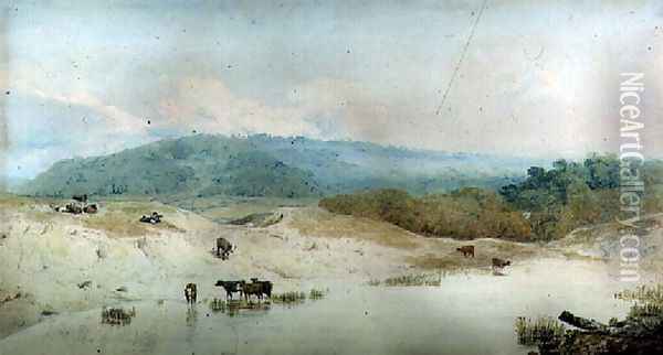 View in Yorkshire, River and Cattle Oil Painting - Sir Augustus Wall Callcott