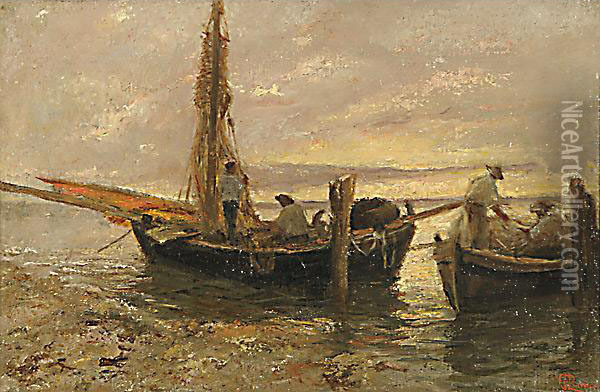 Pescatori Verso Sera Oil Painting - Giuseppe Pecenco