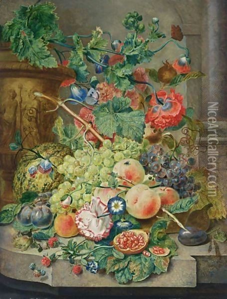 A Still Life With Grapes, Peaches, Prunes, A Melon, A Pomegranate, Raspberries, Together With Morning Glory, An Opium Poppy, Hollyhocks And A Rose, All On A Marble Ledge Together With A Butterfly, A Fly And Ants Oil Painting - Wybrand Hendriks