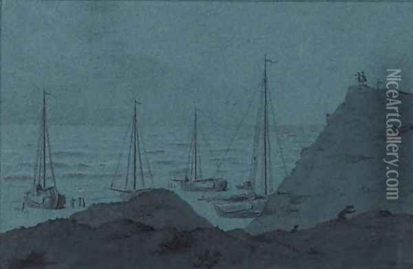 The dunes of Zandvoort, overlooking the beach with stranded fishing-boats Oil Painting - Cornelius van Noorde