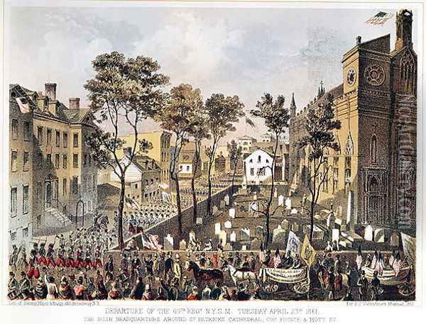Departure of the 69th Regiment, N.Y.S.M., April 23rd 1861, the Irish Headquarters around St. Patricks Cathedral, corner of Prince and Mott Street, New York Oil Painting - Major and Knapp Sarony