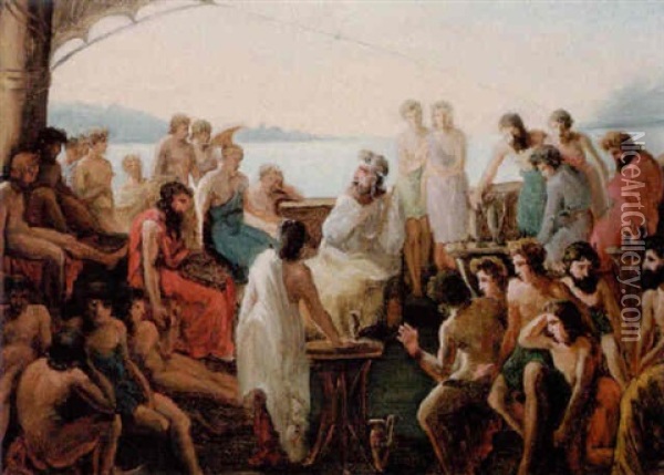 Homer Omgivet Af En Lyttende Skare Ombord Pa Et Skib Oil Painting - Auguste Barthelemy Glaize