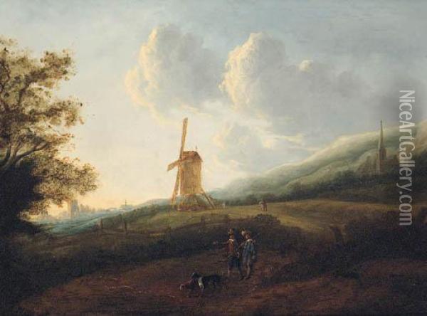 A Landscape With Travellers By A Windmill, A Town In Thedistance Oil Painting - Jan Gabrielsz. Sonje
