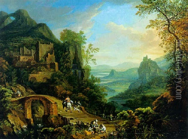 Paysage De Montagne Avec Des Ruines Et Des Voyageurs Sur Un Pont Oil Painting - Robert Griffier