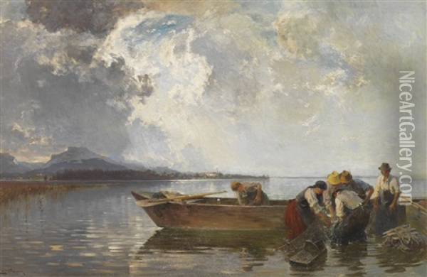 Fischerzug Am Chiemsee Oil Painting - Joseph Wopfner