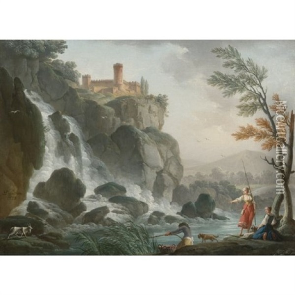 Fishing At The Edge Of A River With A Waterfall, Below A Castle Oil Painting - Charles Francois Lacroix