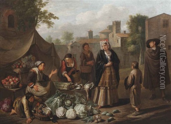 An Italianate Market Scene With A Woman Selling Cabbages, Spring Onions, Apples, Pickles, Ducks And Various Other Vegetables And Poultry, A Town View In The Distance Oil Painting - Norbert van (Cefalus) Bloemen