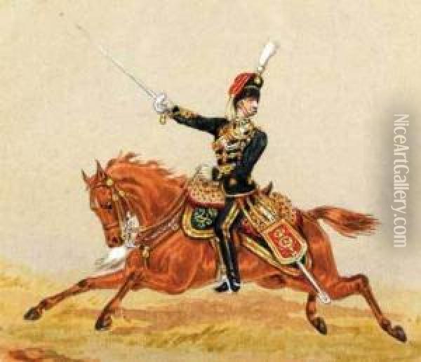 A Pair Of Equestrian Portraits Of Hussars Oil Painting - Henry Martens