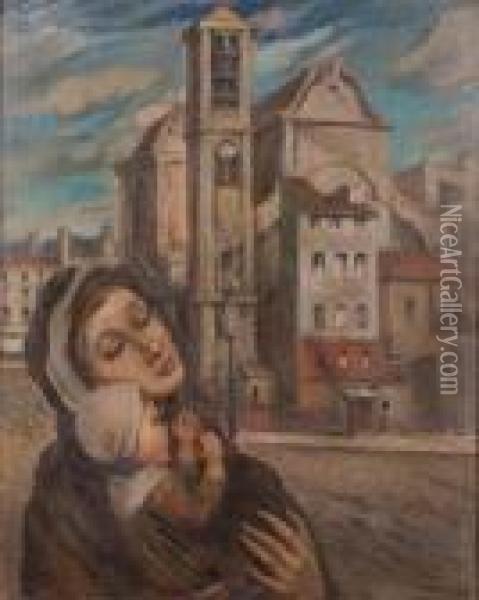Donna Con Bimbo Di Fronte Ad Una Cattedrale Oil Painting - Hector Nava
