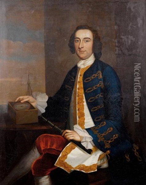 Portrait Of Admiral Sir Hugh Palliser Holding A Telescope And Seated Before An Open Window, A View To Shipping Beyond Oil Painting - George Knapton